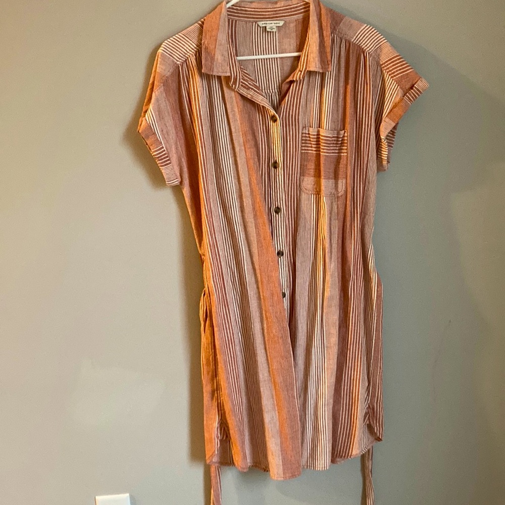 American eagle dress size large, button down with sash, striped